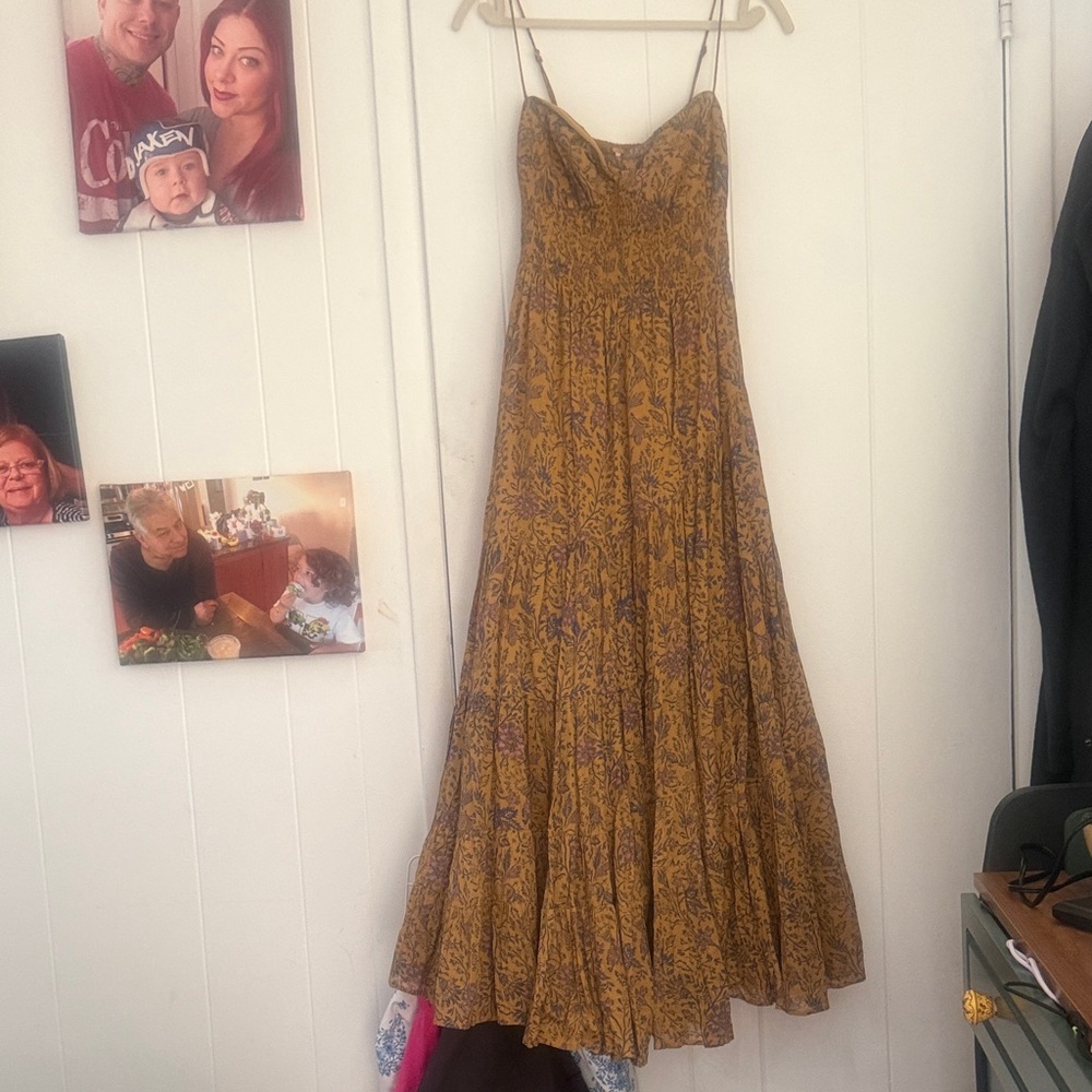 Free People Mustard Floral Maxi Dress with Spaghetti Straps festival cover up